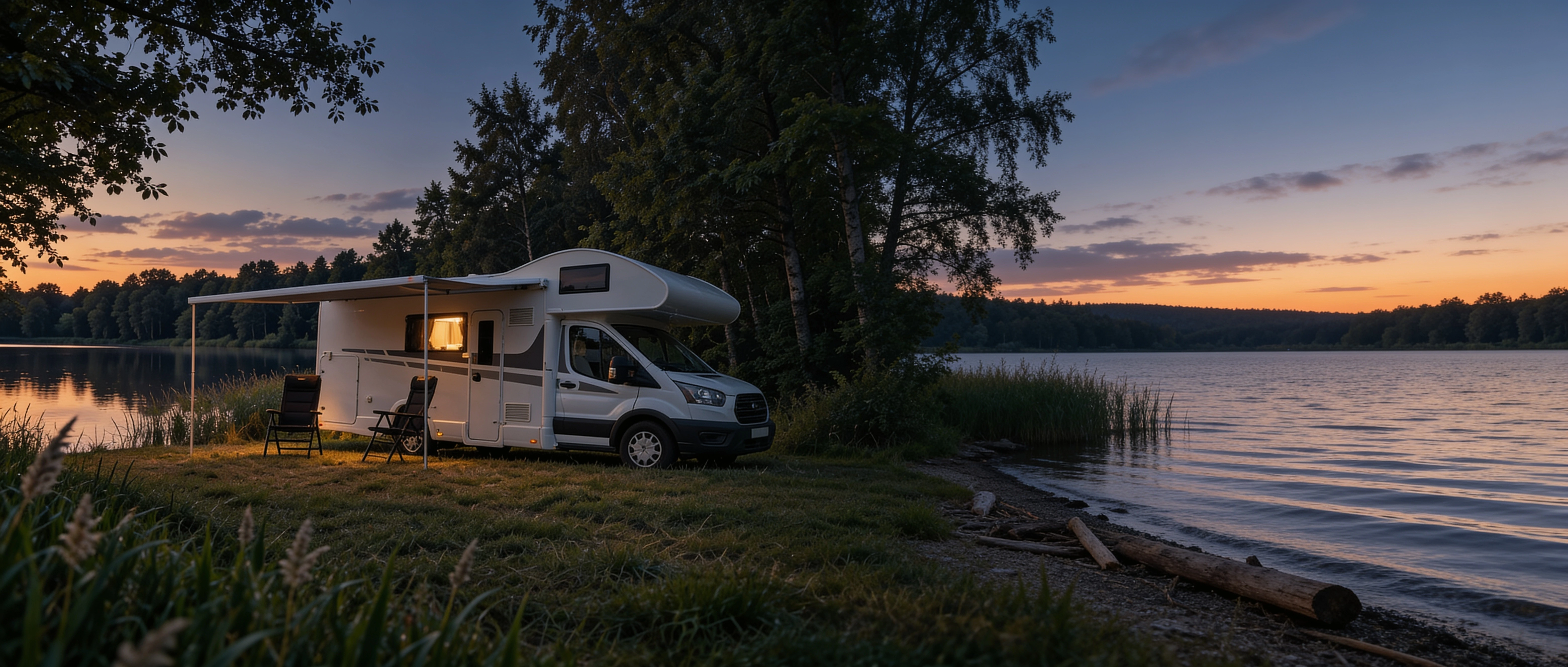 Karavan s markýzou u břehu laguny v podvečerním světle